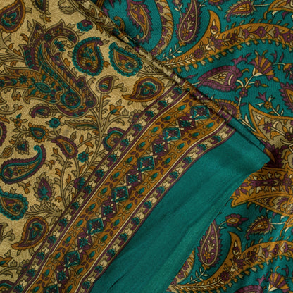 Sanskriti Vintage Indian Sarees Cream Moss Crepe Printed Sari 5+YD Craft Fabric