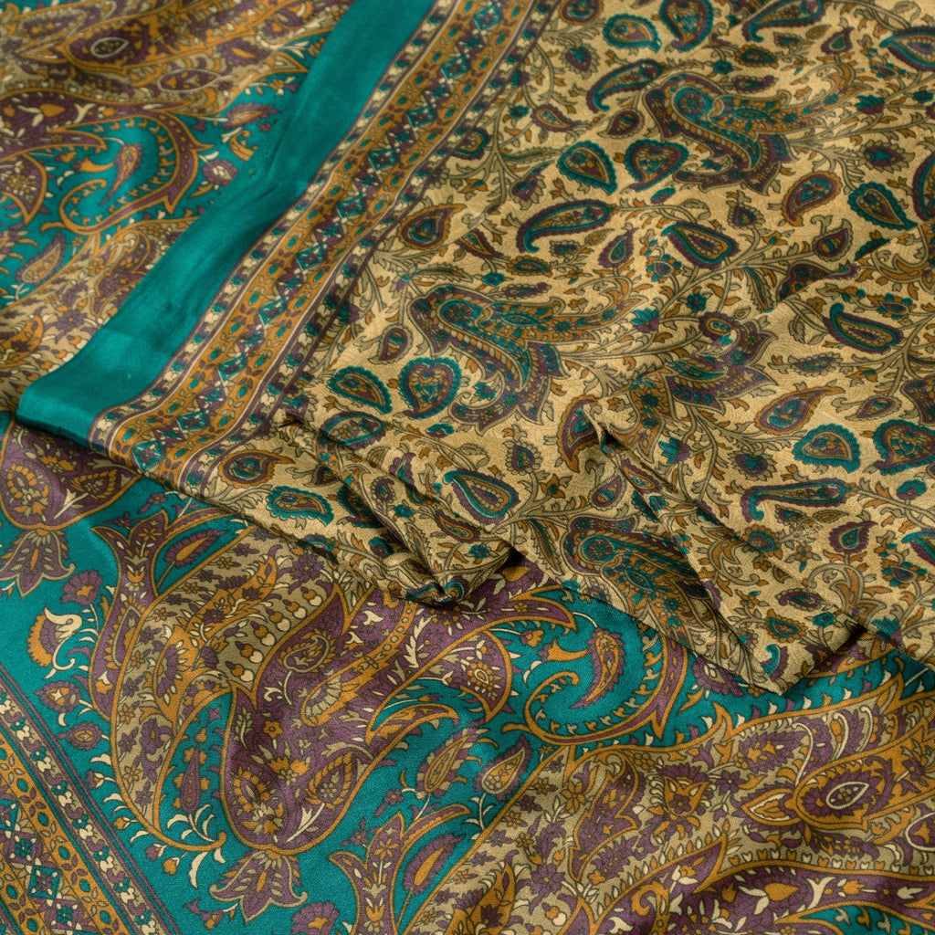 Sanskriti Vintage Indian Sarees Cream Moss Crepe Printed Sari 5+YD Craft Fabric