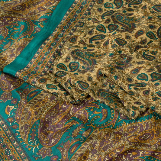 Sanskriti Vintage Indian Sarees Cream Moss Crepe Printed Sari 5+YD Craft Fabric