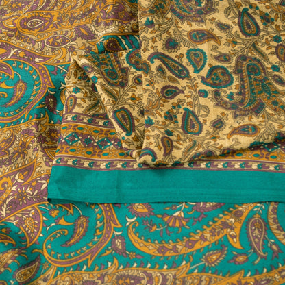 Sanskriti Vintage Indian Sarees Cream Moss Crepe Printed Sari 5+YD Craft Fabric