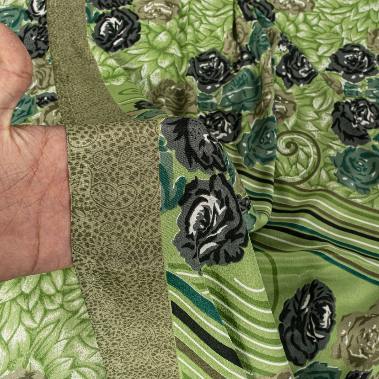 Sanskriti Vintage Saree Green Moss Crepe Floral Digital Print Sari 5.5YD Fabric
