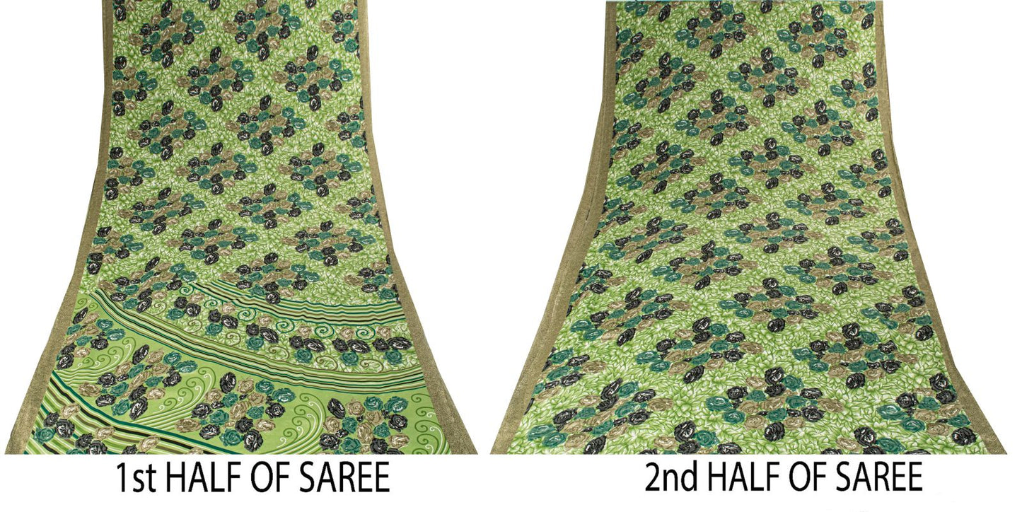 Sanskriti Vintage Saree Green Moss Crepe Floral Digital Print Sari 5.5YD Fabric