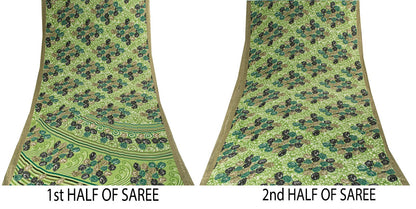 Sanskriti Vintage Saree Green Moss Crepe Floral Digital Print Sari 5.5YD Fabric