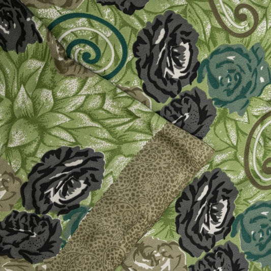 Sanskriti Vintage Saree Green Moss Crepe Floral Digital Print Sari 5.5YD Fabric