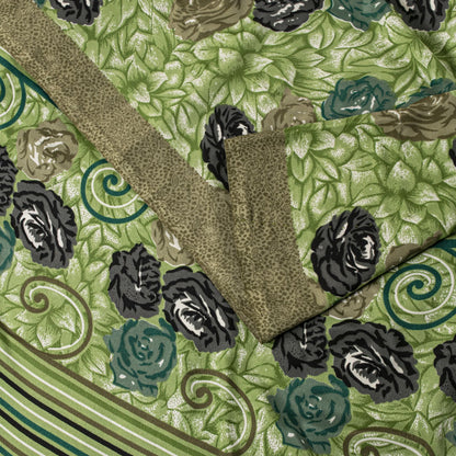 Sanskriti Vintage Saree Green Moss Crepe Floral Digital Print Sari 5.5YD Fabric
