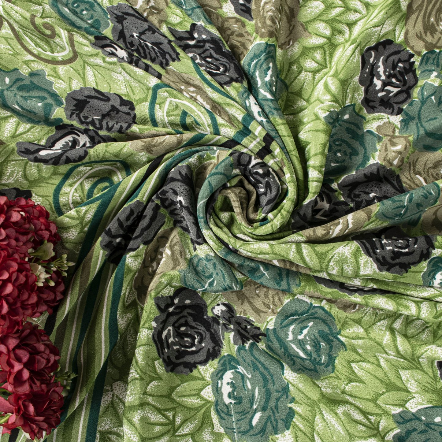 Sanskriti Vintage Saree Green Moss Crepe Floral Digital Print Sari 5.5YD Fabric