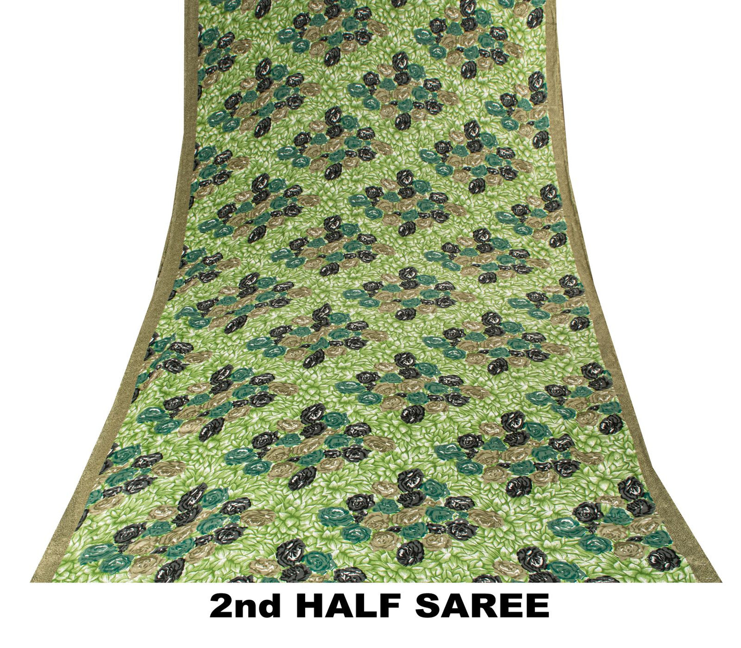 Sanskriti Vintage Saree Green Moss Crepe Floral Digital Print Sari 5.5YD Fabric