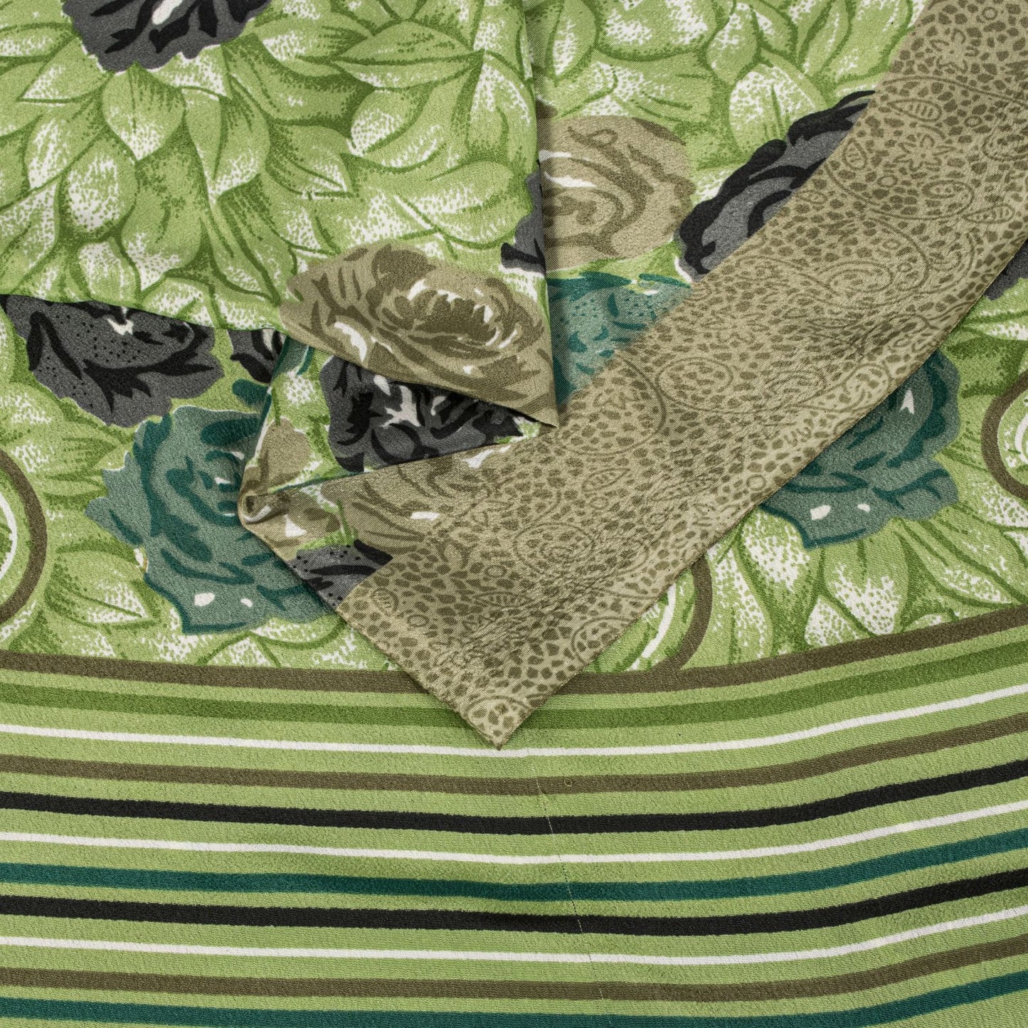 Sanskriti Vintage Saree Green Moss Crepe Floral Digital Print Sari 5.5YD Fabric