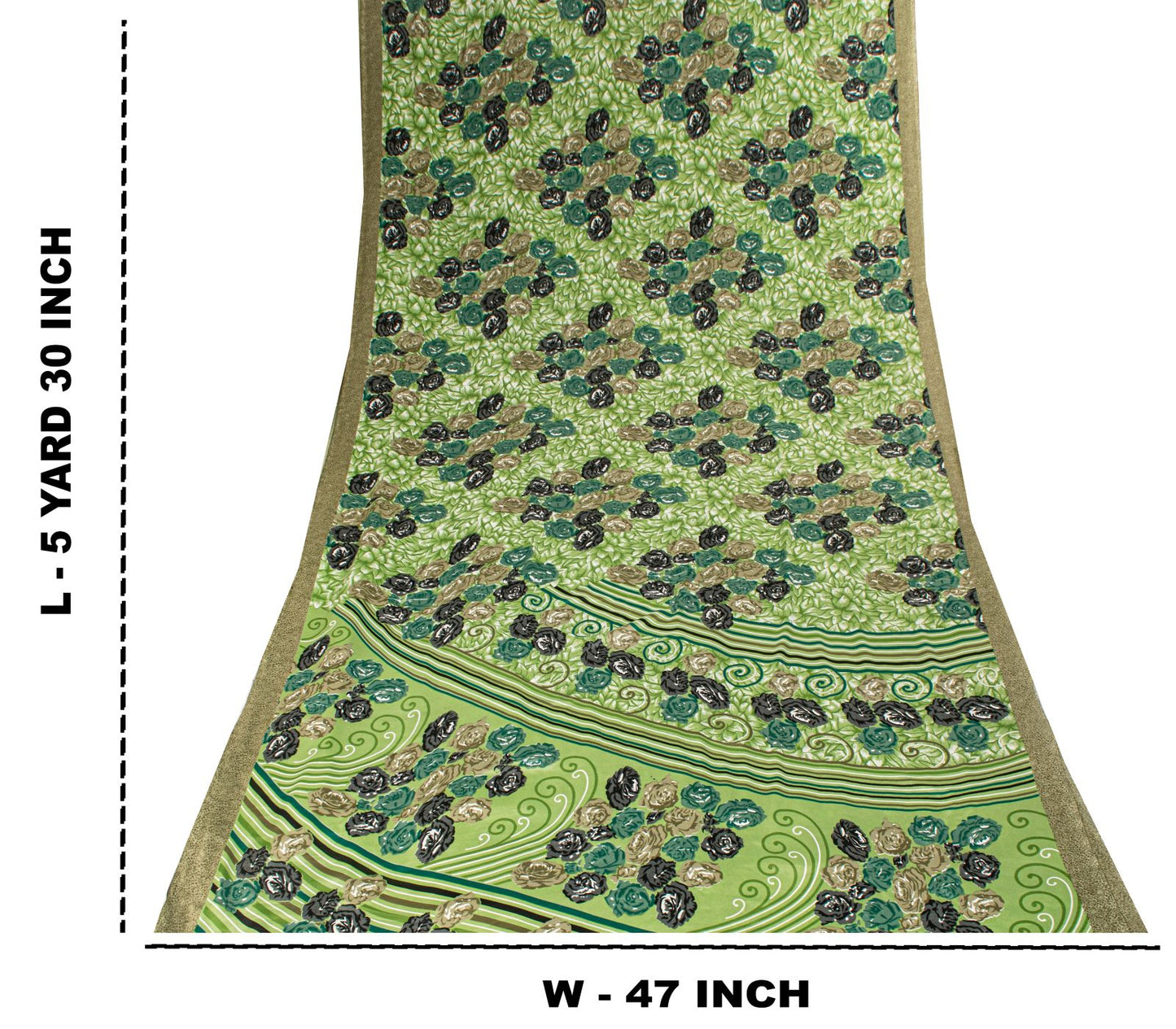 Sanskriti Vintage Saree Green Moss Crepe Floral Digital Print Sari 5.5YD Fabric