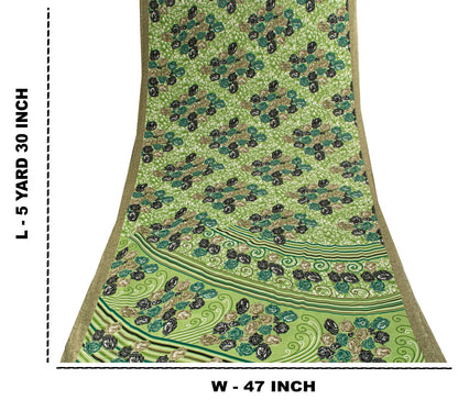 Sanskriti Vintage Saree Green Moss Crepe Floral Digital Print Sari 5.5YD Fabric