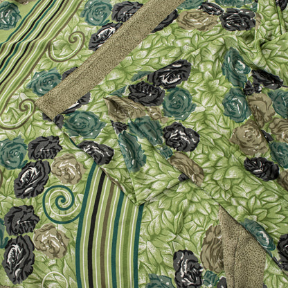 Sanskriti Vintage Saree Green Moss Crepe Floral Digital Print Sari 5.5YD Fabric