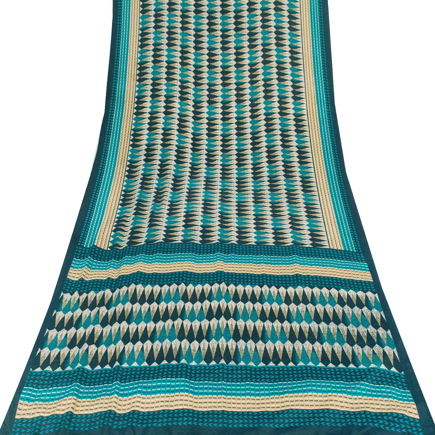 Sanskriti Vintage Sarees Blue Moss Crepe Geometric Print Sari 5+YD Craft Fabric