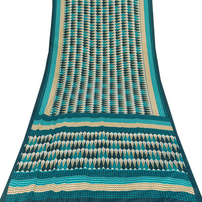 Sanskriti Vintage Sarees Blue Moss Crepe Geometric Print Sari 5+YD Craft Fabric