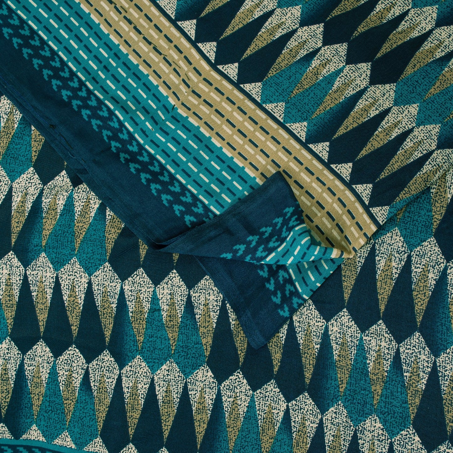 Sanskriti Vintage Sarees Blue Moss Crepe Geometric Print Sari 5+YD Craft Fabric