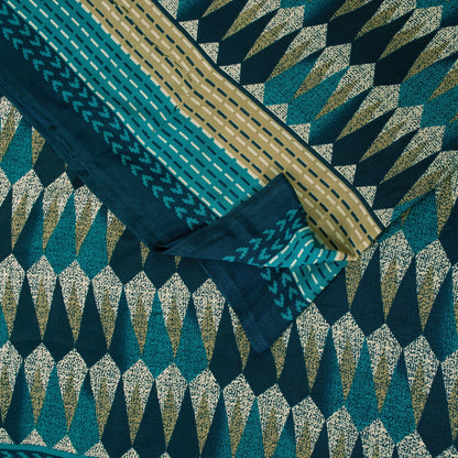 Sanskriti Vintage Sarees Blue Moss Crepe Geometric Print Sari 5+YD Craft Fabric