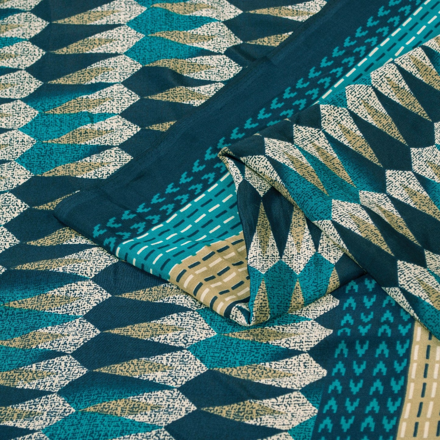 Sanskriti Vintage Sarees Blue Moss Crepe Geometric Print Sari 5+YD Craft Fabric