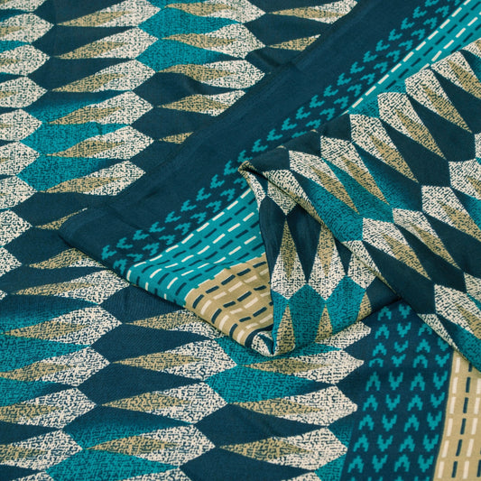 Sanskriti Vintage Sarees Blue Moss Crepe Geometric Print Sari 5+YD Craft Fabric