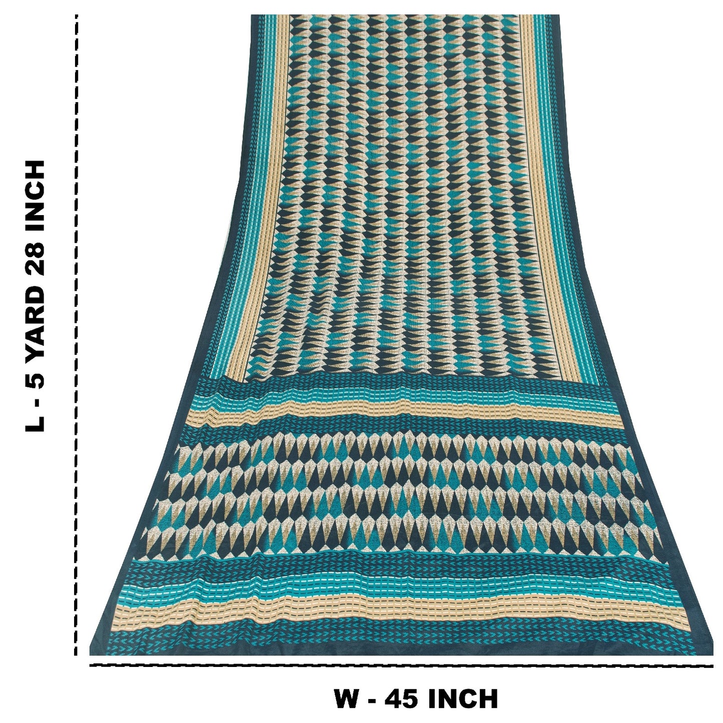 Sanskriti Vintage Sarees Blue Moss Crepe Geometric Print Sari 5+YD Craft Fabric