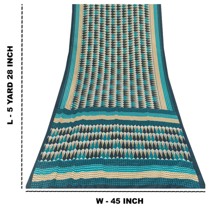 Sanskriti Vintage Sarees Blue Moss Crepe Geometric Print Sari 5+YD Craft Fabric