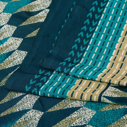 Sanskriti Vintage Sarees Blue Moss Crepe Geometric Print Sari 5+YD Craft Fabric