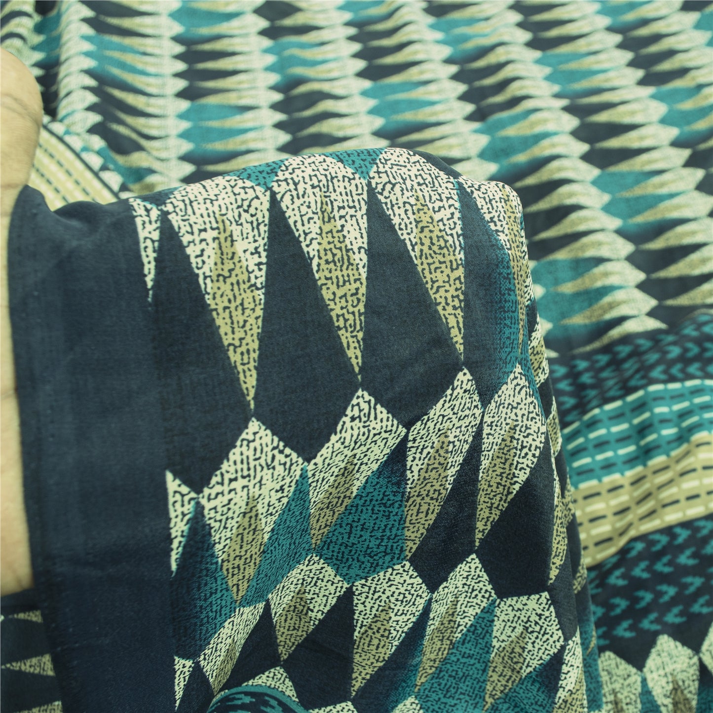Sanskriti Vintage Sarees Blue Moss Crepe Geometric Print Sari 5+YD Craft Fabric