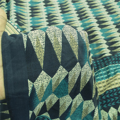Sanskriti Vintage Sarees Blue Moss Crepe Geometric Print Sari 5+YD Craft Fabric
