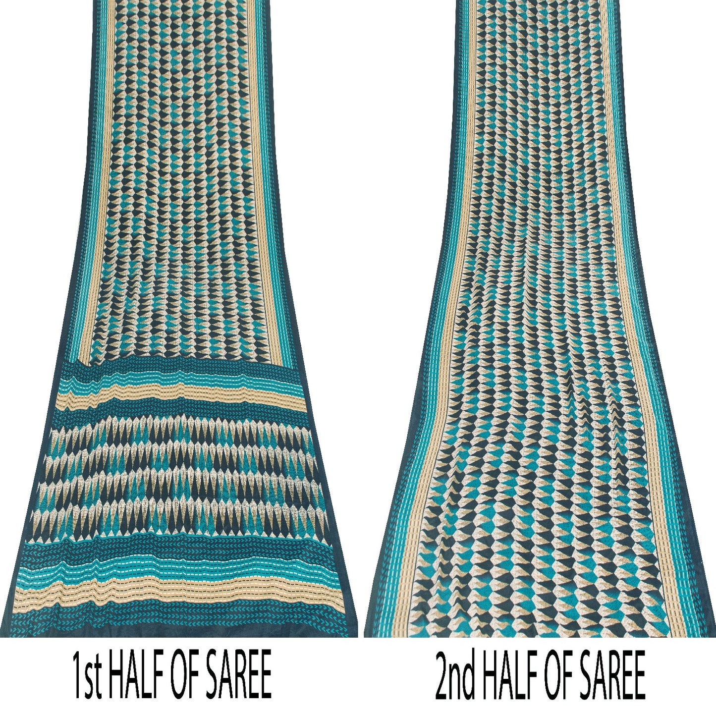Sanskriti Vintage Sarees Blue Moss Crepe Geometric Print Sari 5+YD Craft Fabric