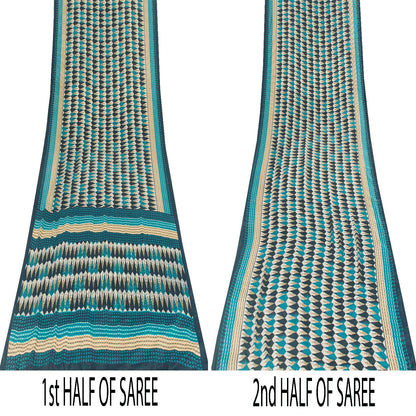 Sanskriti Vintage Sarees Blue Moss Crepe Geometric Print Sari 5+YD Craft Fabric