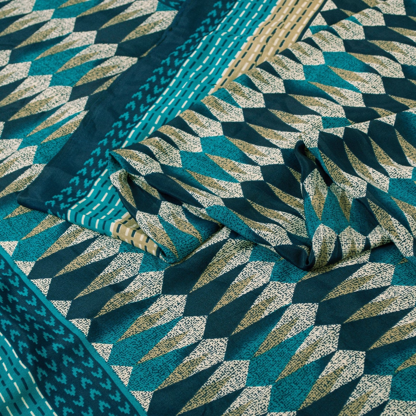 Sanskriti Vintage Sarees Blue Moss Crepe Geometric Print Sari 5+YD Craft Fabric