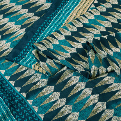 Sanskriti Vintage Sarees Blue Moss Crepe Geometric Print Sari 5+YD Craft Fabric