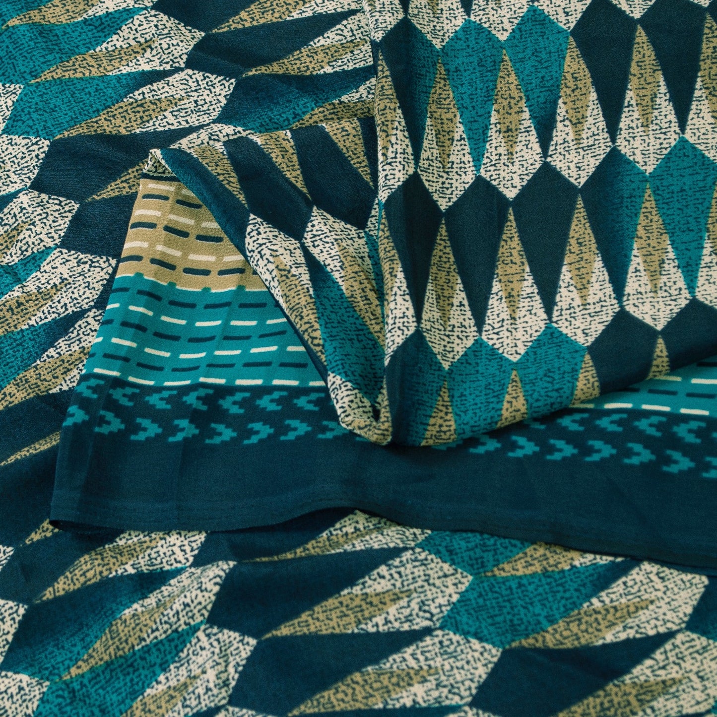 Sanskriti Vintage Sarees Blue Moss Crepe Geometric Print Sari 5+YD Craft Fabric