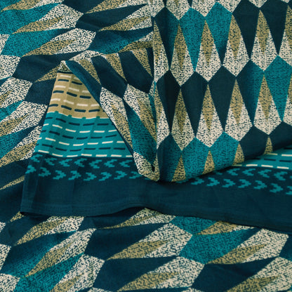 Sanskriti Vintage Sarees Blue Moss Crepe Geometric Print Sari 5+YD Craft Fabric