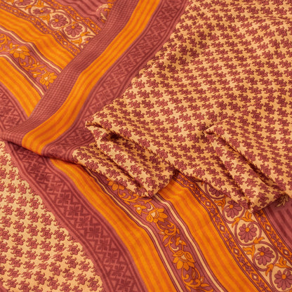 Sanskriti Vintage Sarees Cream & Pink Moss Crepe Printed Sari 5+YD Craft Fabric