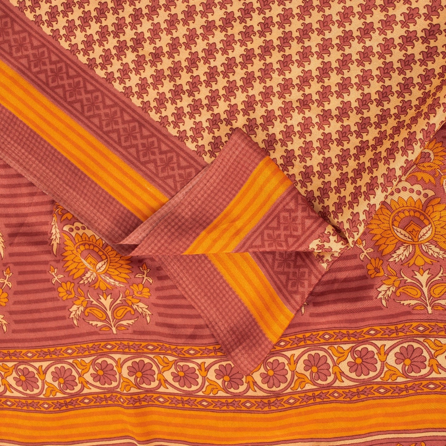 Sanskriti Vintage Sarees Cream & Pink Moss Crepe Printed Sari 5+YD Craft Fabric