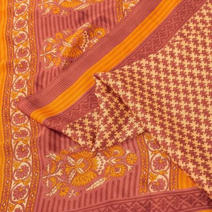 Sanskriti Vintage Sarees Cream & Pink Moss Crepe Printed Sari 5+YD Craft Fabric