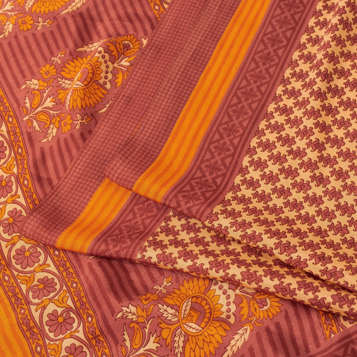 Sanskriti Vintage Sarees Cream & Pink Moss Crepe Printed Sari 5+YD Craft Fabric