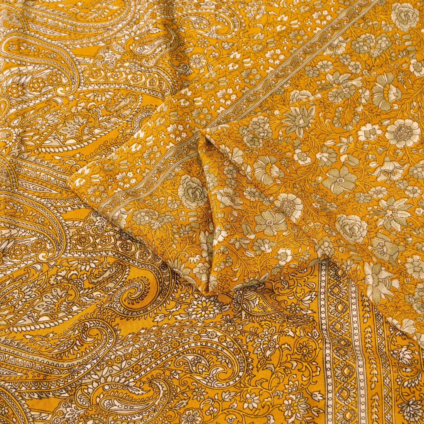 Sanskriti Vintage Indian Sarees Yellow Moss Crepe Printed Sari 5+YD Craft Fabric