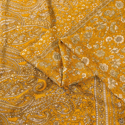 Sanskriti Vintage Indian Sarees Yellow Moss Crepe Printed Sari 5+YD Craft Fabric