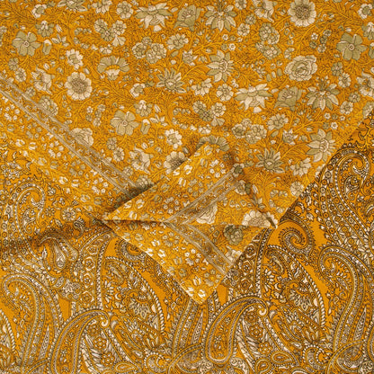 Sanskriti Vintage Indian Sarees Yellow Moss Crepe Printed Sari 5+YD Craft Fabric