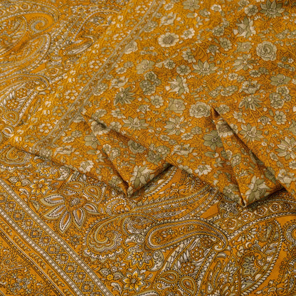 Sanskriti Vintage Indian Sarees Yellow Moss Crepe Printed Sari 5+YD Craft Fabric