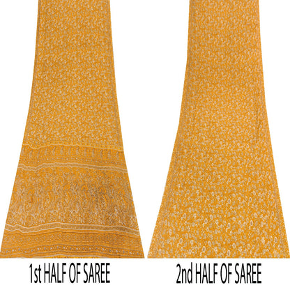 Sanskriti Vintage Indian Sarees Yellow Moss Crepe Printed Sari 5+YD Craft Fabric
