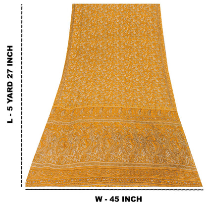 Sanskriti Vintage Indian Sarees Yellow Moss Crepe Printed Sari 5+YD Craft Fabric