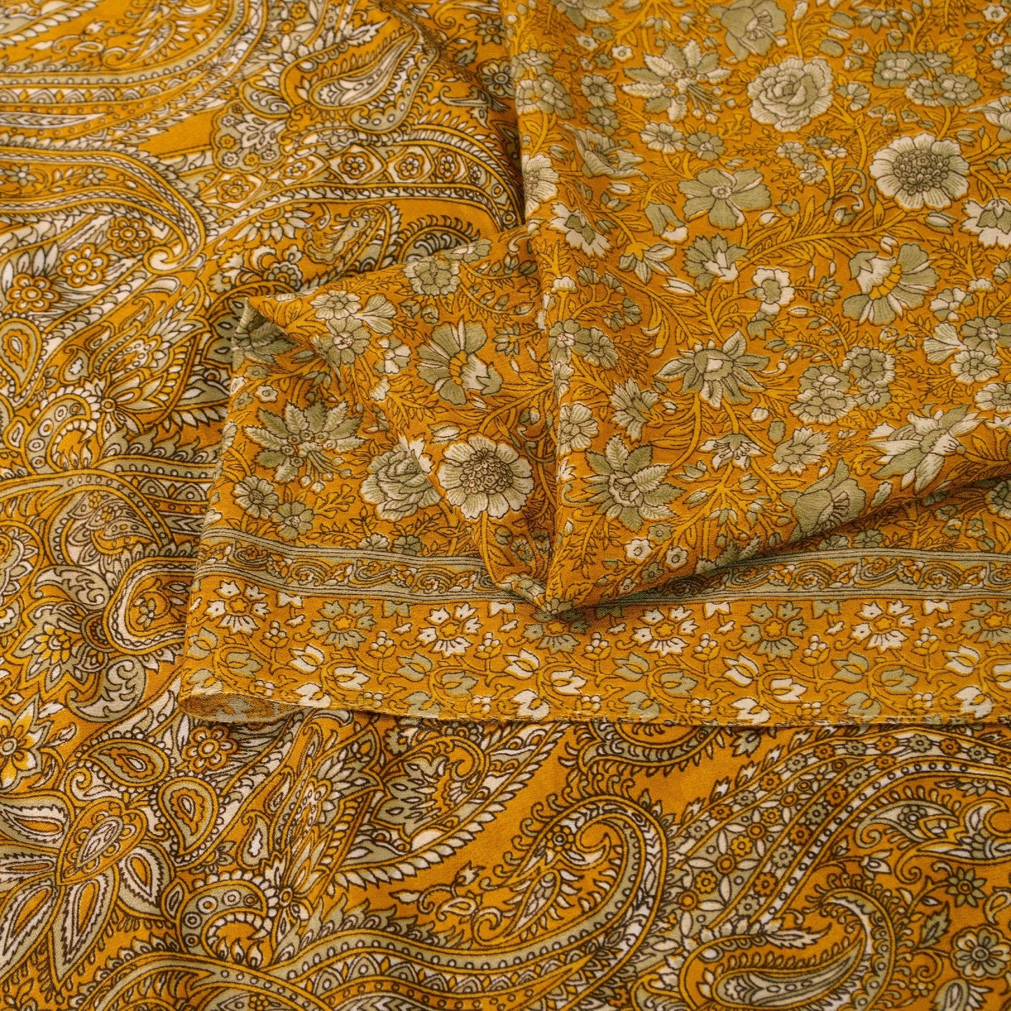 Sanskriti Vintage Indian Sarees Yellow Moss Crepe Printed Sari 5+YD Craft Fabric