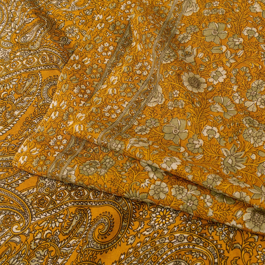 Sanskriti Vintage Indian Sarees Yellow Moss Crepe Printed Sari 5+YD Craft Fabric