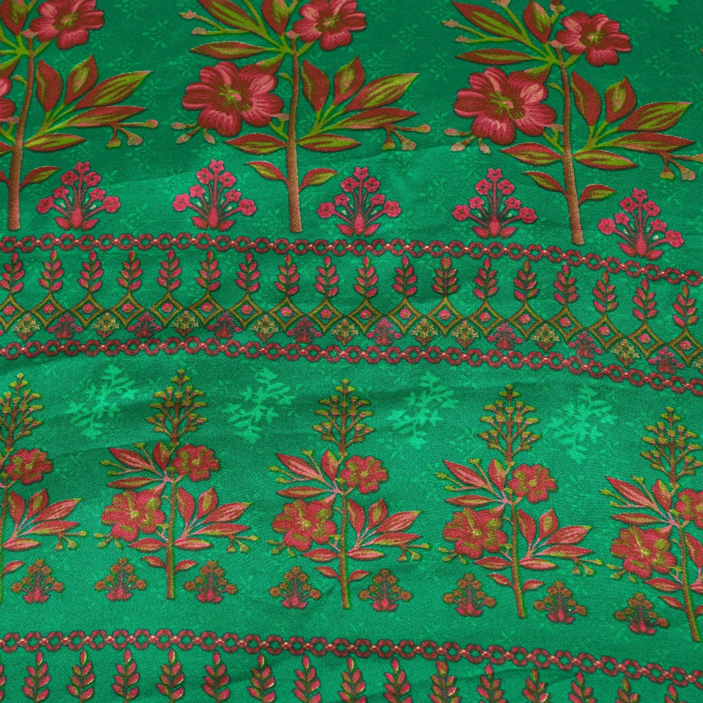 Sanskriti Vintage Sarees Green Moss Crepe Floral Printed Sari 6yd For Crafters