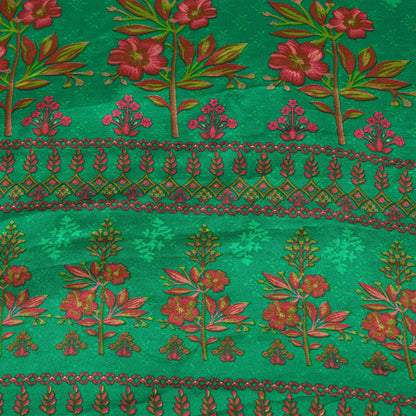 Sanskriti Vintage Sarees Green Moss Crepe Floral Printed Sari 6yd For Crafters