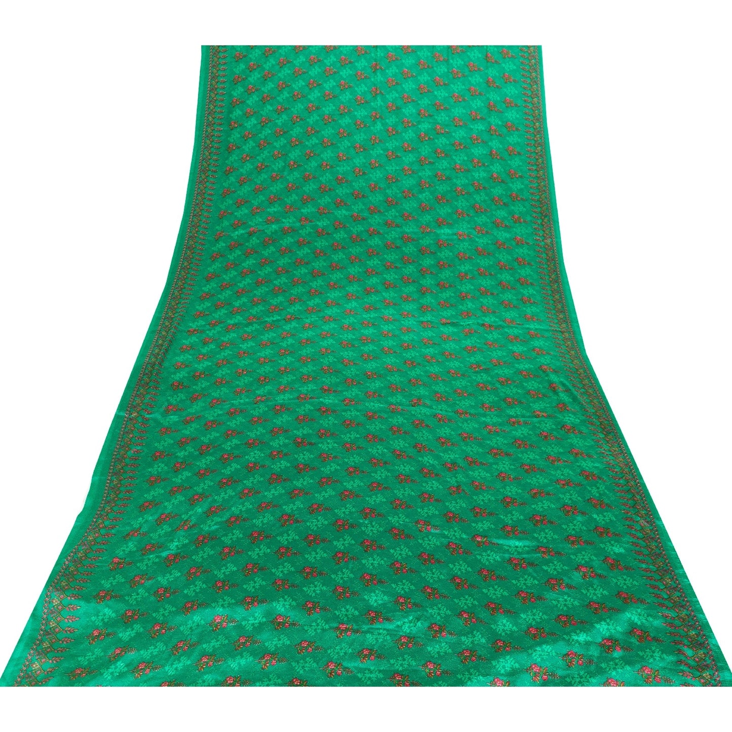 Sanskriti Vintage Sarees Green Moss Crepe Floral Printed Sari 6yd For Crafters