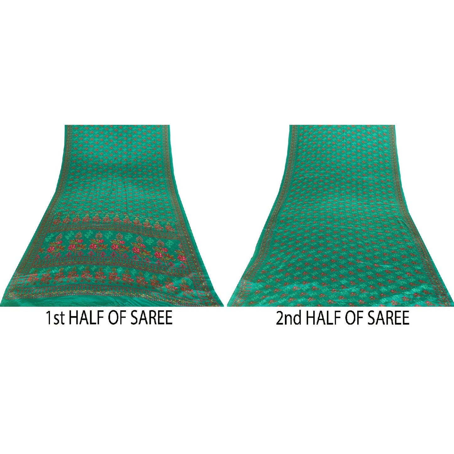 Sanskriti Vintage Sarees Green Moss Crepe Floral Printed Sari 6yd For Crafters