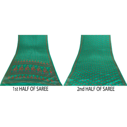 Sanskriti Vintage Sarees Green Moss Crepe Floral Printed Sari 6yd For Crafters