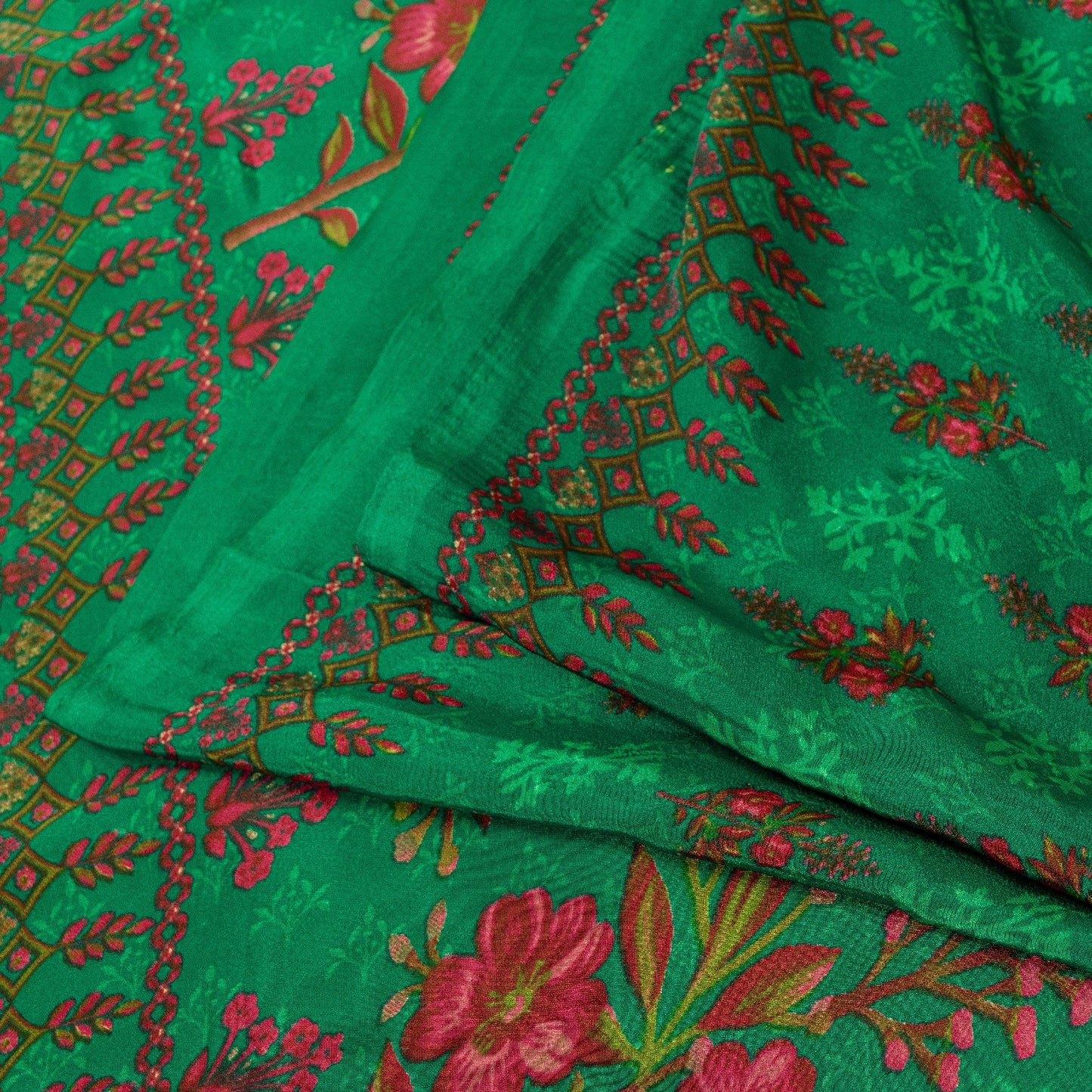 Sanskriti Vintage Sarees Green Moss Crepe Floral Printed Sari 6yd For Crafters